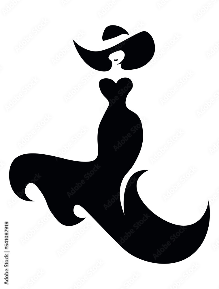 Silhouette of a woman in an elegant dress and hat. Logo with an elegant ...