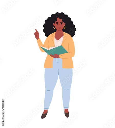 Young black woman in office outfit with file folder or book. Business Woman. Teacher, entrepreneur, office worker. Stylish fashionable look. Hand drawn vector illustration