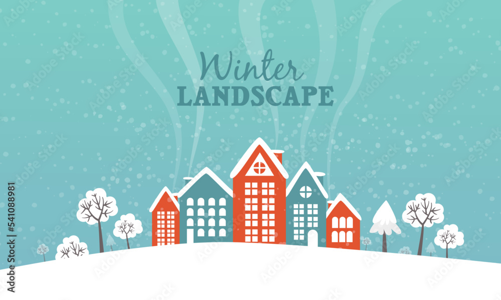 Winter landscape in flat style on blue background with houses , trees and snowfall. Vector illustration