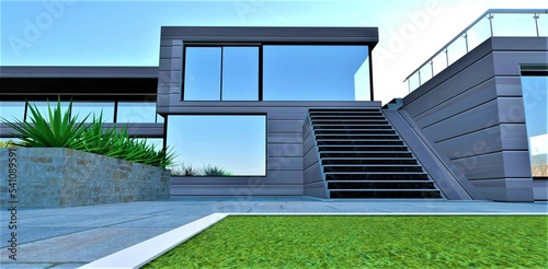 Graceful designer staircase to the terrace on the second floor. Glass panel fence. The green lawn is bounded by a white border. Bright sun in the background. 3d rendering.