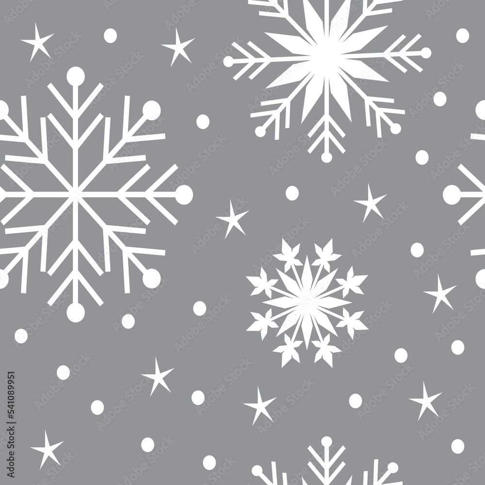 Snowflake vector pattern. Grey seamless snowflake pattern. Holiday banner with snow elements. Freezing cold symbols. Craft paper. Christmas wrapping paper. Background for the website.