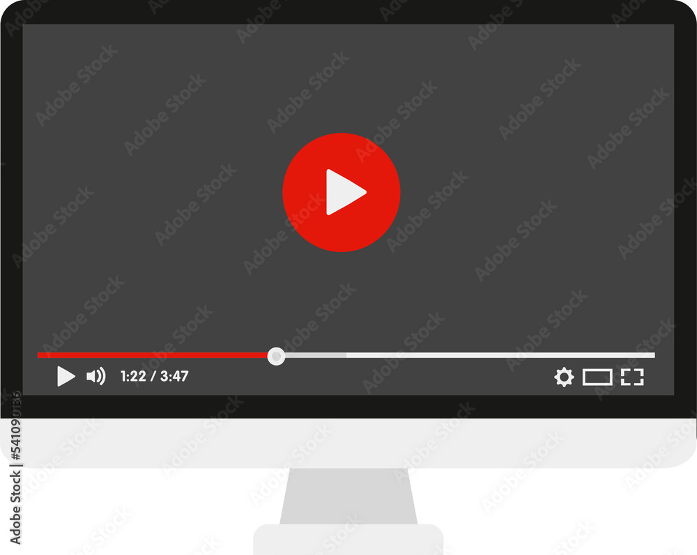 Modern computer with video player on screen. Online video, watch movies, educational materials, web courses concepts. Illustration Modern computer with video player on screen. Online video, watch movies, educational materials, web courses concepts. Illustration
