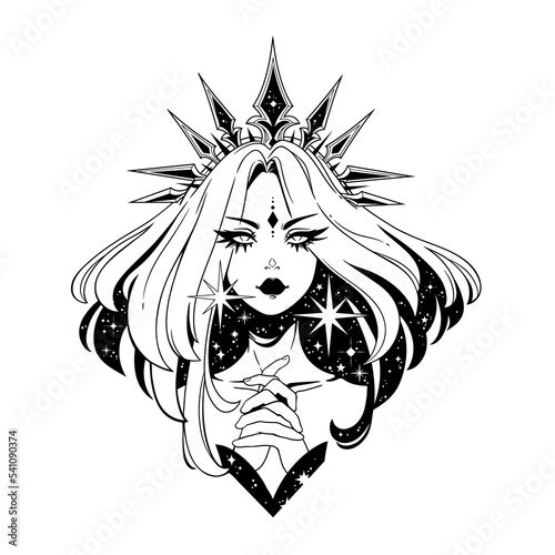 Beautiful girl with crown and starry hair