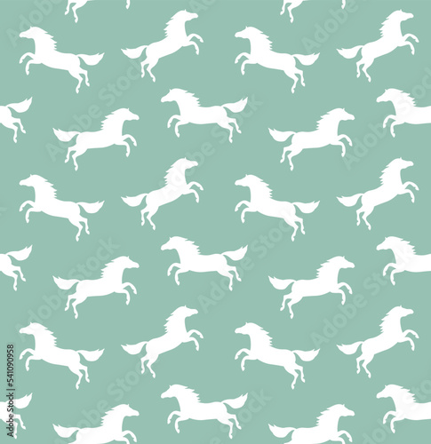 Vector seamless pattern of flat horse silhouette isolated on mint background