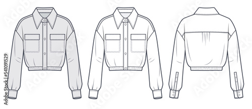 Women's Shirt technical fashion Illustration. Cropped Shirt fashion flat technical drawing template, button-down collar, elastic waistband, pocket, front, back view, white, grey, unisex CAD mockup set