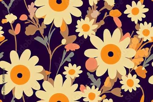Seamless 2d illustration pattern with colorful groovy flowers and smiling faces. 70s  80s  90s vibes plaid background. Abstract daisy and camomile emoji on squares. Vintage nostalgia elements