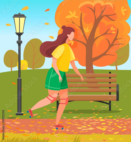 Roller skating girl. Young woman roller skates in autumn city park, rollerblading teenager active lifestyle, trendy leisure time outdoors, female character in colorful clothes, extreme sport in park