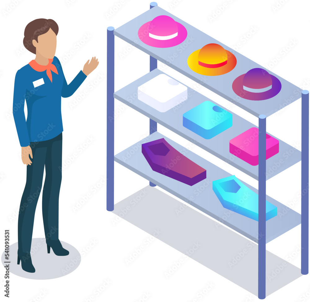 Woman choosing clothes in store with consultant. Shop assistant helps buyer to try on hat during shopping. Customer service in mall. People stand near shelves with clothes in store or boutique Woman choosing clothes in store with consultant. Shop assistant helps buyer to try on hat during shopping. Customer service in mall. People stand near shelves with clothes in store or boutique