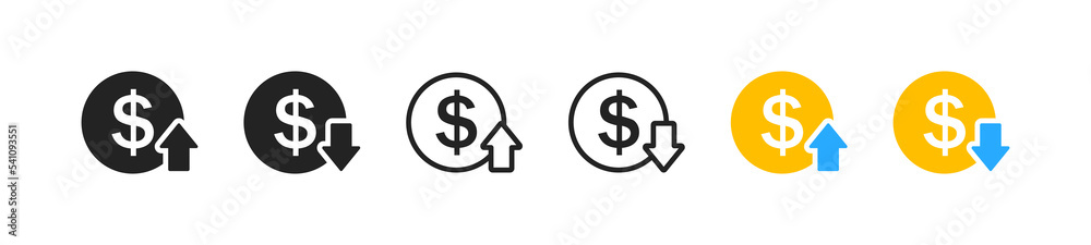 Price up icon set. Flat design. Crisis concept. Coin, dollar, money signs. Inflation rising symbol. Price up icon set. Flat design. Crisis concept. Coin, dollar, money signs. Inflation rising symbol.