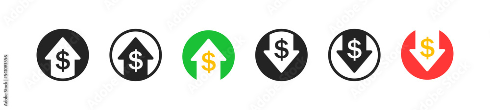 Finance growth icon set. Flat design. Success concept. Coin signs. Losing money. Business profit symbol. Finance growth icon set. Flat design. Success concept. Coin signs. Losing money. Business profit symbol.