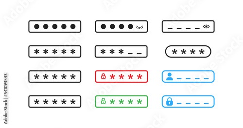Password bar icon set. Cyber security, safe, concept. Padlock, hide, eye, user signs. Login form page symbol.