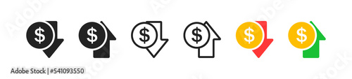 Money increase icon set. Flat design. Financial benefit concept. Losing money. Symbol of cost rising.