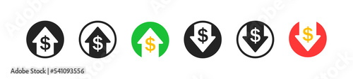 Finance growth icon set. Flat design. Success concept. Coin signs. Losing money. Business profit symbol.