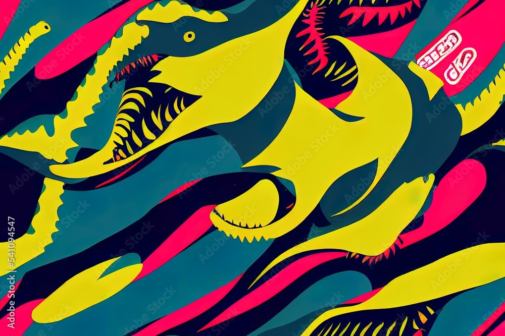 Bright cool seamless pattern with dinosaur on a skateboard. graffiti background with t rex.For textile, kids wear, fabric and more Bright cool seamless pattern with dinosaur on a skateboard. graffiti background with t rex.For textile, kids wear, fabric and more