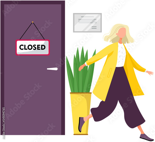 Woman standing near closed door and runs away from it. Firing from work. Job cuts, late for an appointment. Dismissal employee. Fired sad female office worker in hurry to leave. Door is closed plate