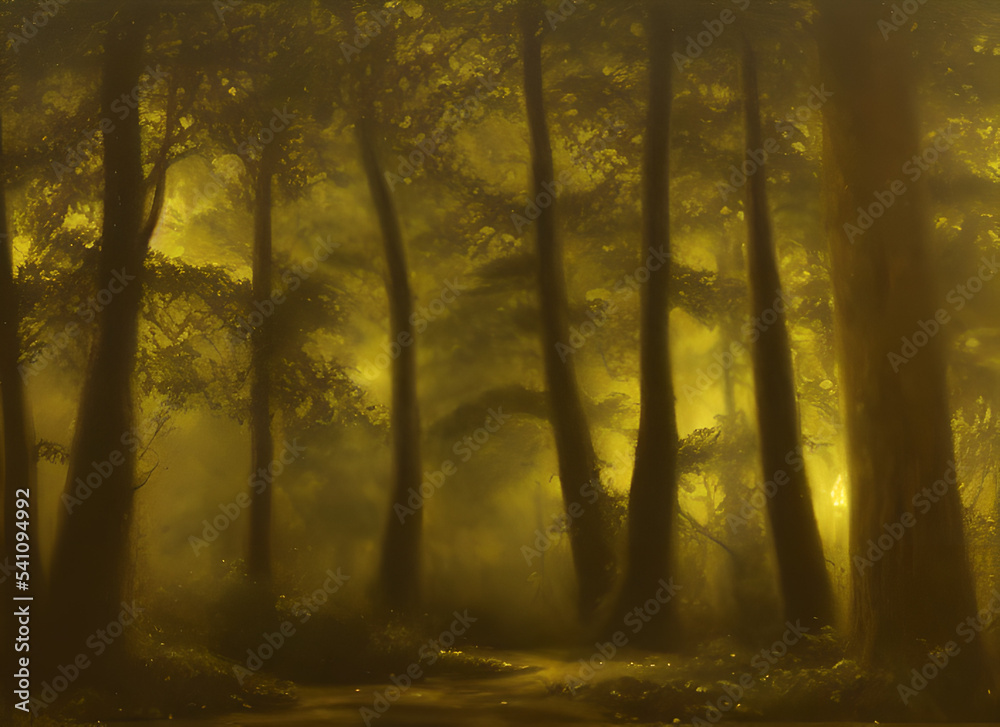Obraz premium Landscape Woods Green Sunlight Spring Park Fall Woodland Foggy Fog Morning Road Trees Foliage Path Misty Sunrise Nature Tree Forest Sun Autumn Mist Summer Light