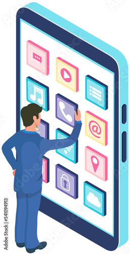 Man interacts with mobile phone digital device presses app button on smartphone. Tablet screen with interface. Concept of business assistance. Interactive touch screen with application, phone service