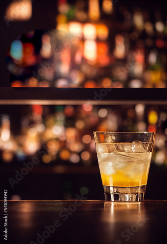 Delicious yellow cocktail with ice and fruit located on the bar background with bottles