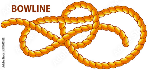 Yellow nautical rope knot, interweaving of ropes, cables, tapes or other flexible linear materials. Bowline isolated on white. Household binding and fastening unit for permanent fastening