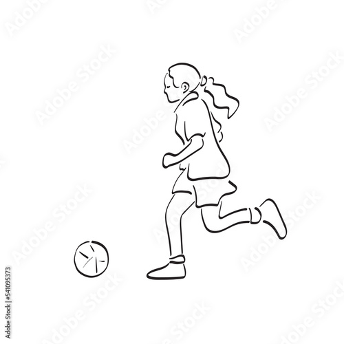 line art girl playing soccer with ball illustration vector hand drawn isolated on white background