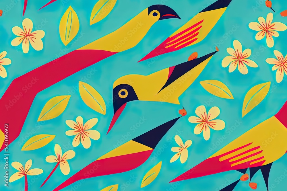 Fototapeta premium Seamless pattern with tropical birds and jaguar