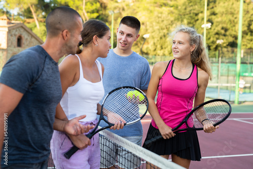 Happy four male and female partners of tennis emotionally talking at tennis court