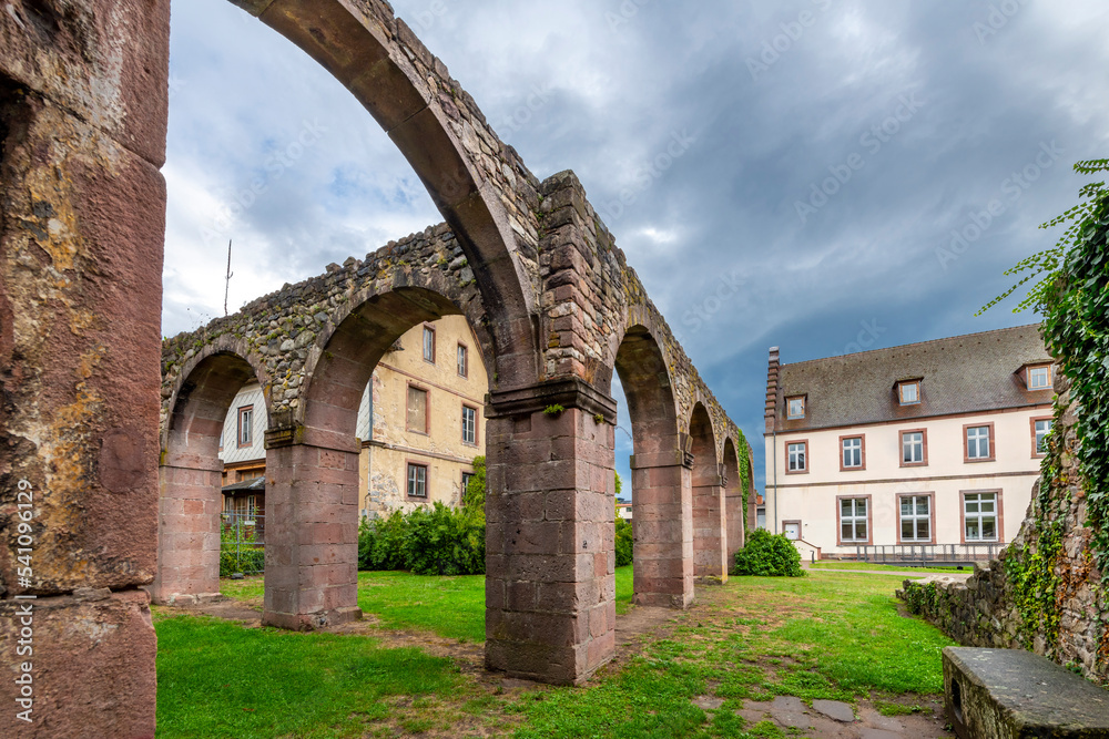 The remains of the cloister in the ruins of the 17th century Abbey of Saint Gregory in the village of Munster, France, in the Alsace region.