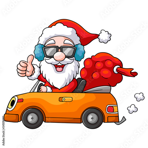 Cartoon santa claus driving a car to send gifts isolated on white background