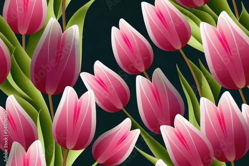 Seamless pattern of pink tulip flowers on light green background. 2d illustration illustration. Best for wrapping, textile or print design. Symbol of springtime.
