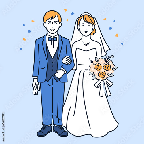 結婚式を挙げる新郎新婦のシンプルなベクターイラスト素材