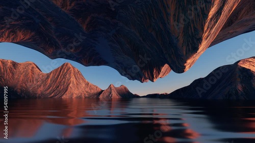 3d animation, moving forward the fantastic seascape scenery during a boat trip. Spiritual landscape panorama with mountains reflecting in the water. Abstract nature background
