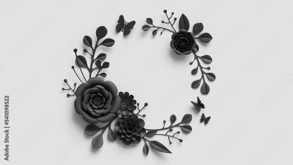abstract 3d animation, round botanical frame with copy space, black paper flowers appearing and growing, dramatic floral wreath isolated on white background