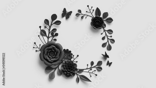 abstract 3d animation, round botanical frame with copy space, black paper flowers appearing and growing, dramatic floral wreath isolated on white background