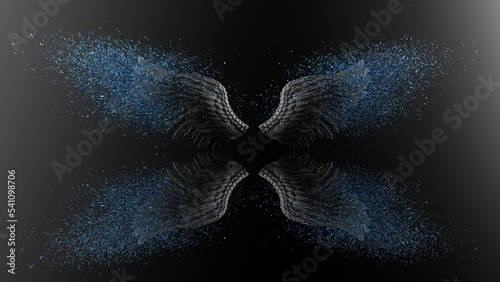 Black wings with blue particles under black-white lighting background. Concept 3D CG of free activity, decision without regret and strategic action. photo