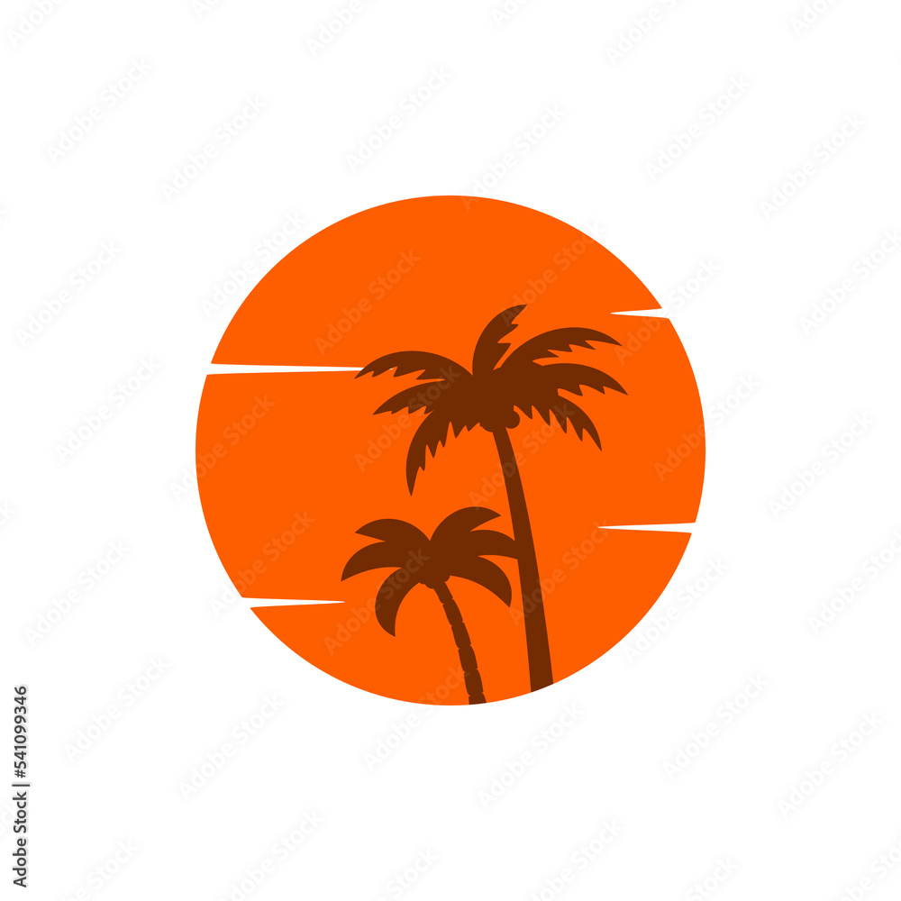 Palm sunset circle golden summer vector design travel icon. Palm golden sunset summer isolated fashion beauty tropical template.