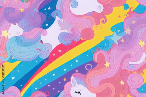 2d illustration seamless childish pattern with princess  unicorns  stars  rainbow and other elements. Fairy hugging unicorn 2d illustration illustration. Seamless pattern with cartoon princess for