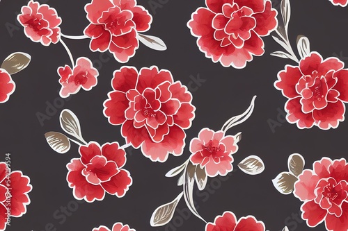 Floral seamless pattern  red Semi double Camellia flowers with leaves on bright grey