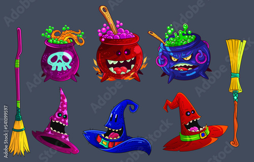 Witch pots, magic hats and brooms. Vector illustration set for halloween. (ID: 541099597)