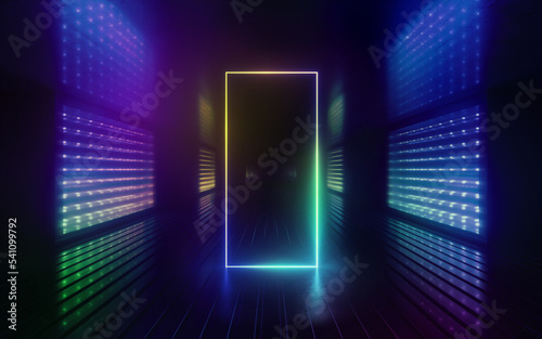 Fototapeta Naklejka Na Ścianę i Meble -  3d render, abstract background with neon rectangular frame glowing in ultraviolet light, night club empty room interior, fashion podium with tunnel or corridor, performance stage decorations
