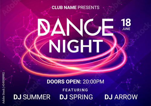 Dance music night poster background. Night club music concert DJ flyer vector design glow abstract banner event show techno electro house