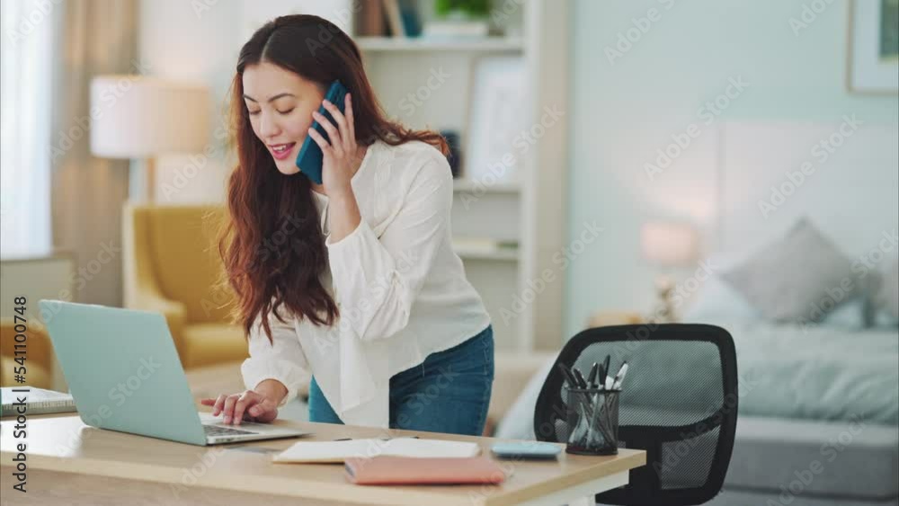 Phone call, receptionist or business woman on laptop running to answer call for appointment, agenda or meeting calendar date. Employee, smartphone or worker with customer service, consulting or CRM