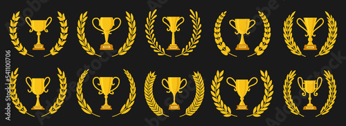 Golden goblet with laurel wreath flat set. Champion gold prize heraldic emblem. Different shape winner trophy icon. Victory leaderships cups. Cup yellow signs. Best choice symbol. Championship award