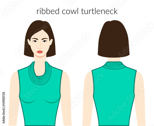 Ribbed cowl turtlenecks neckline clothes character beautiful lady in top, shirt, dress technical fashion illustration with fitted body. Flat apparel template front, back sides. Women men unisex mockup