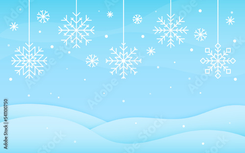Winter snowy blue banner snowflake christmas card. Holiday new year seasonal background decor kid cartoon flat style greeting flyer snow flying lettering space frozen mountain crystal blizzard
