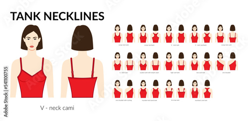 Set of necklines tank clothes - tops, cami, one shoulder, scoop, racerback, V-neck, cowl, strap technical fashion illustration with fitted body. Flat apparel template. Women, men unisex CAD mockup