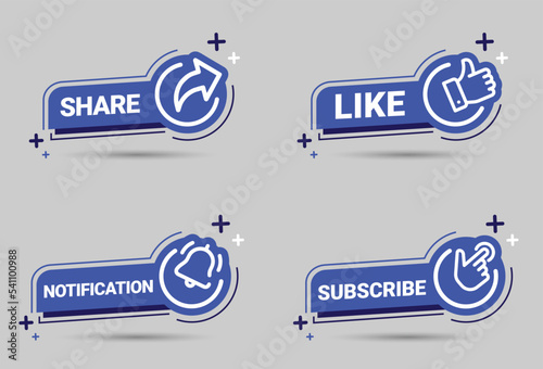 Share, Like, Notification, and Subscribe Buttons. Blue Set Vector Signs for Social Midia On White Background