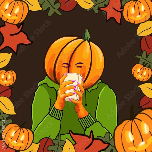 Pumpkin head figure wearing plush green hoodie sweater sips hot seasonal drink from medium white cup illustration hand drawn with dark background Jack O Lantern frame