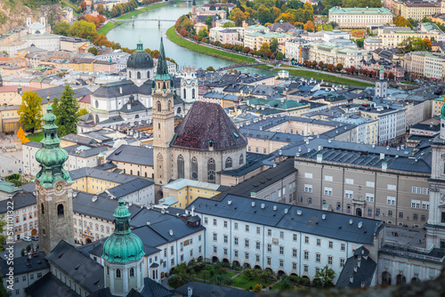 Above Salzburg old town cityscape at sunrise from Fortress, Austria