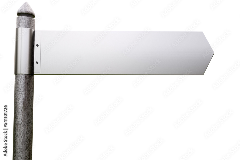 Obraz premium Street road sign. Steel signboard. Anti-vandal street sign isolated on white. Signboard without inscriptions. Copy Space on metal plate. Signboard indicates direction. Realistic style. 3d rendering.