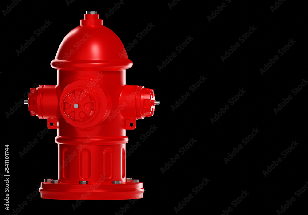 Fire hydrant isolated on black. Flame fighting. Metal red hydrant for fire service hose. Tradition hydrant for installation near road. Outdoor fire fighting equipment. Place for description. 3d image Fire hydrant isolated on black. Flame fighting. Metal red hydrant for fire service hose. Tradition hydrant for installation near road. Outdoor fire fighting equipment. Place for description. 3d image